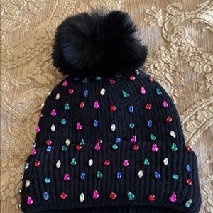 Colorful Gem-Studded Black Pom-Pom Beanie